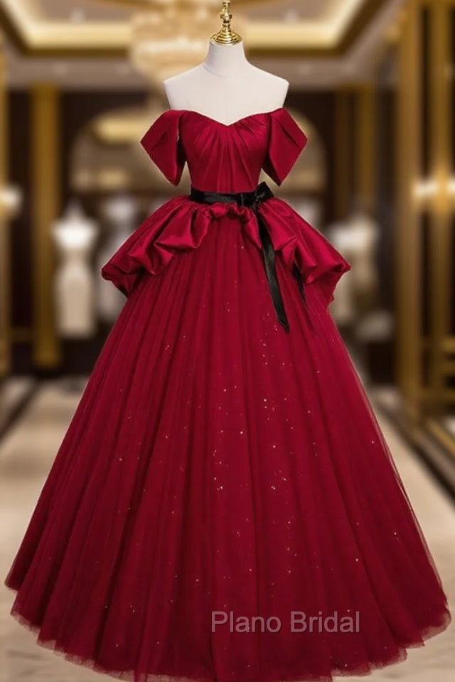 Burgundy Satin Tulle Off the Shoulder Formal Prom Dresses