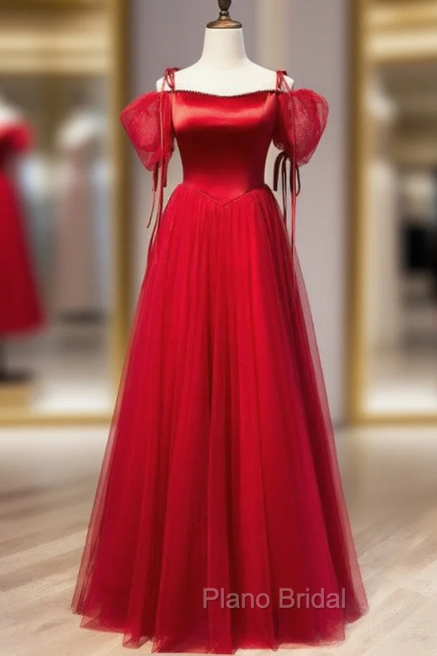 Burgundy Satin Tulle Spaghetti Straps Formal Prom Dresses Main image