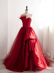 Burgundy Satin Tulle Strapless Pleats Prom Dress