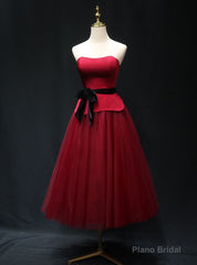 Burgundy Satin Tulle Strapless Prom Dress