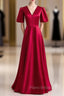Burgundy Satin V-neck Backless Short Sleeve Formal Prom Dresses