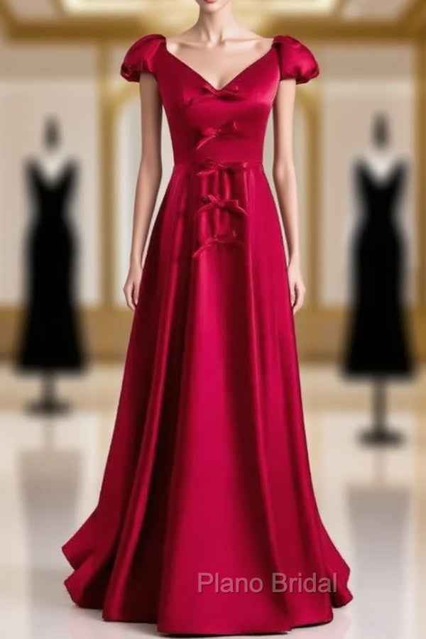 Burgundy Satin V-neck Cap Sleeve Bow Formal Prom Dresses