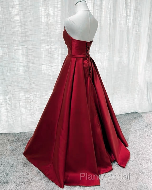 Burgundy Satin V Neck Long Dresses