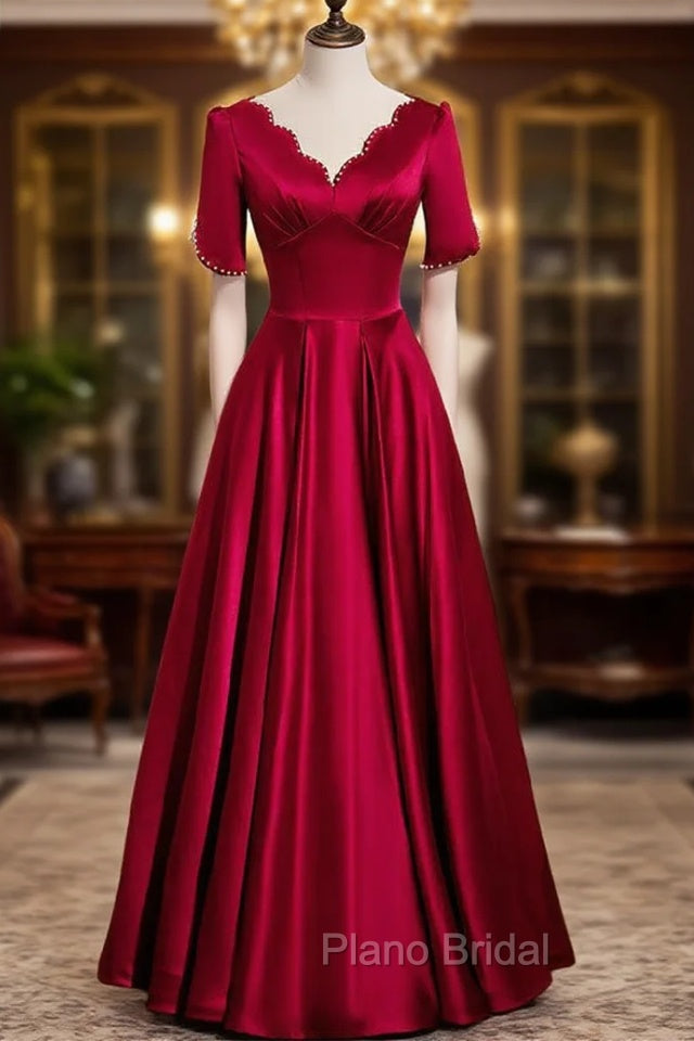 Burgundy Satin V-neck Pearls Formal Prom Dresses