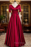 Burgundy Satin V-neck Pearls Formal Prom Dresses