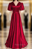 Burgundy Satin V-neck Puff Sleeve Backless Formal Prom Dresses