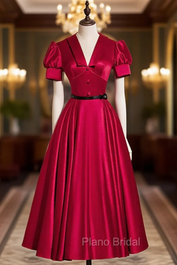 Burgundy Satin V-neck Puff Sleeve Formal Prom Dresses Main image