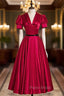 Burgundy Satin V-neck Puff Sleeve Formal Prom Dresses
