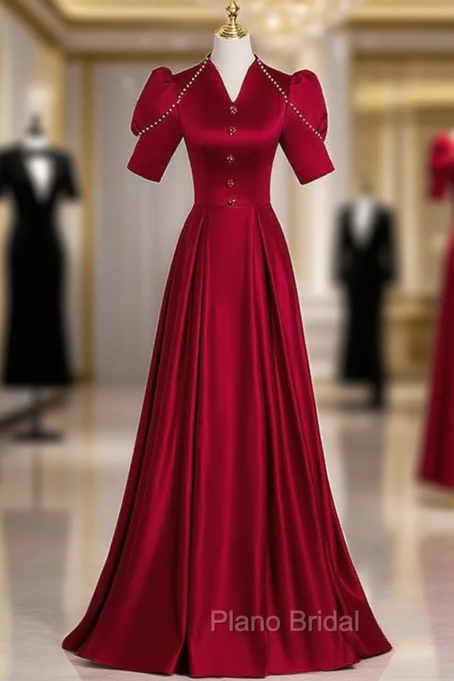 Burgundy Satin V-neck Short Sleeve Pearls Formal Prom Dresses Main image