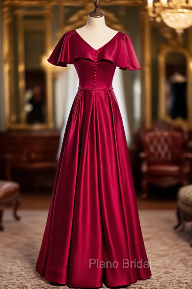 Burgundy Satin V-neck Short Sleeve Formal Prom Dresses Main image