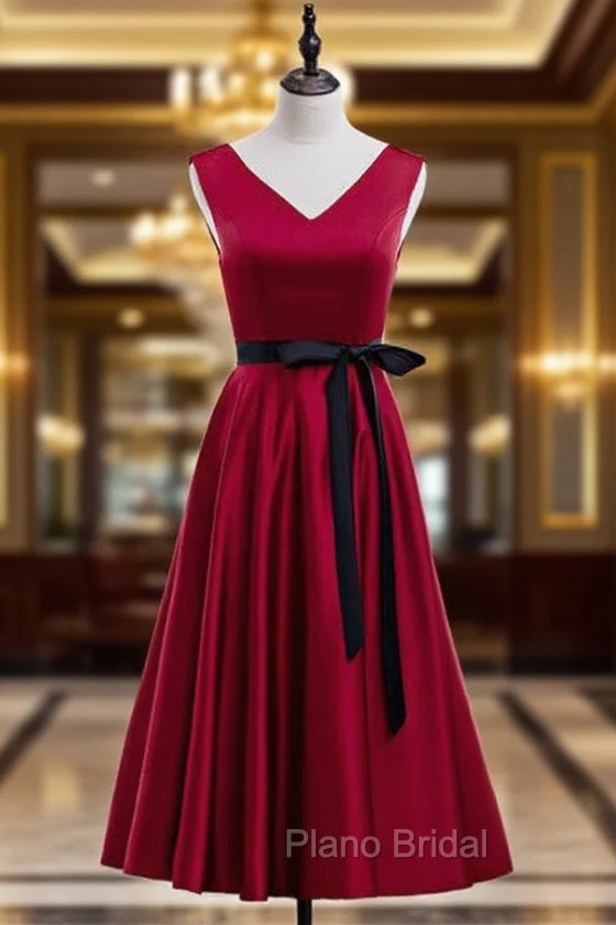 Burgundy Satin V-neck Tea Length Formal Prom Dresses With Sash