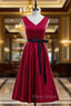 Burgundy Satin V-neck Tea Length Formal Prom Dresses With Sash