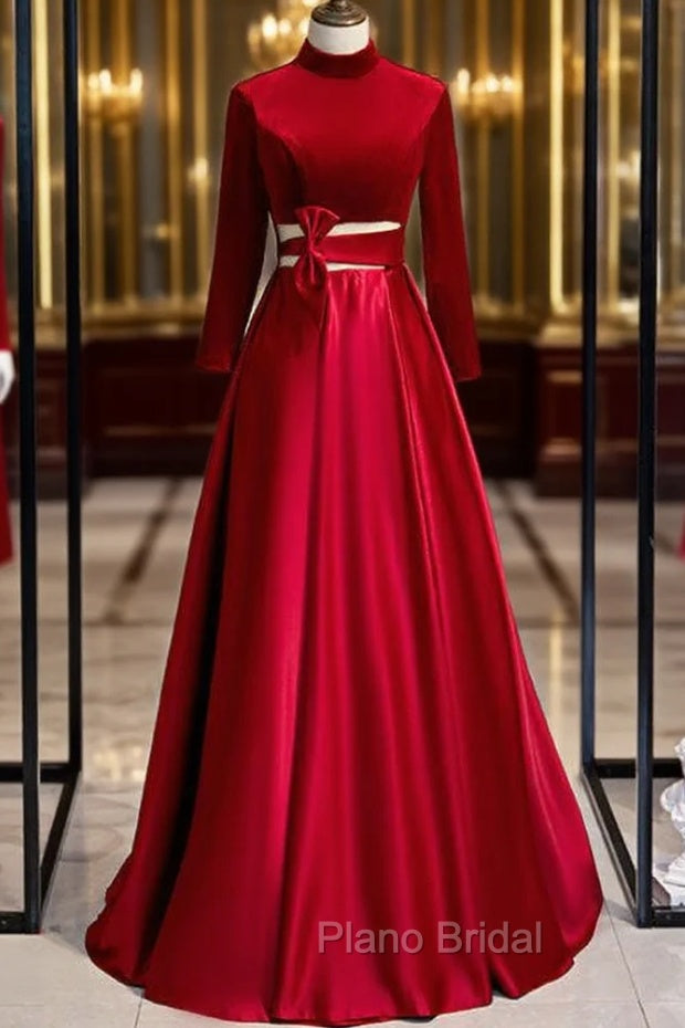Burgundy Satin Velvet Long Sleeve Cut Out Formal Prom Dresses