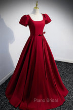 Burgundy Scoop Neckline Satin Long Formal Prom Dresses, Short Sleeve Evening Dresses