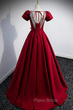 Burgundy Scoop Neckline Satin Long Formal Prom Dresses, Short Sleeve Evening Dresses