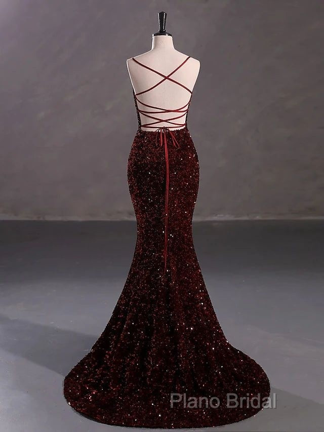 Burgundy Sequin Mermaid Backless Formal Prom Dresses Long Formal Dresses Secondary image