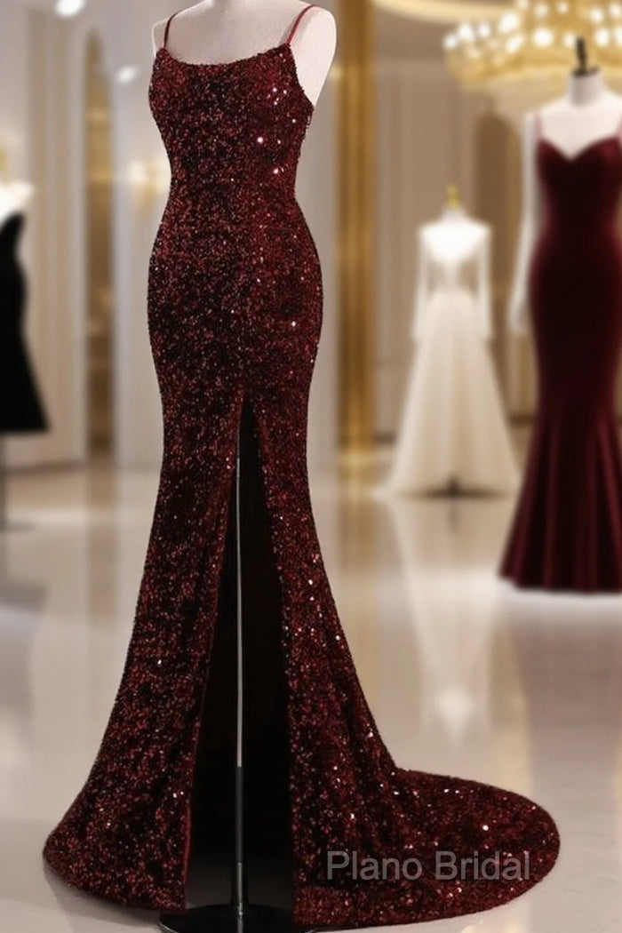 Burgundy Sequin Mermaid Backless Formal Prom Dresses Long Formal Dresses Main image