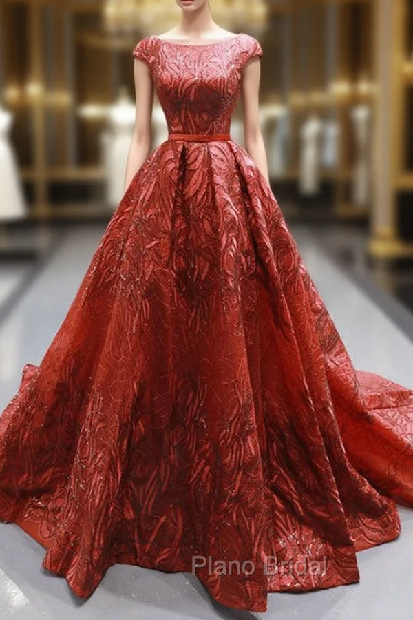 Burgundy Sequins Ball Gown Cap Sleeve Backless Formal Prom Dresses