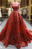 Burgundy Sequins Ball Gown Cap Sleeve Backless Formal Prom Dresses
