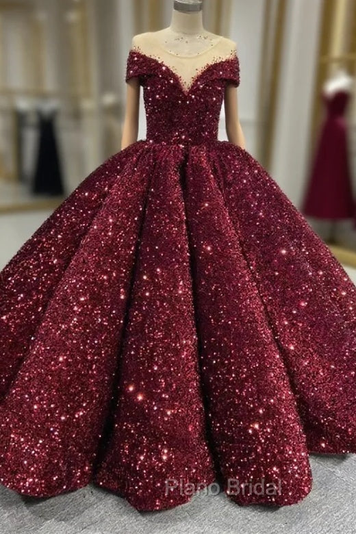 Burgundy Sequins Ball Gown Cap Sleeve Formal Prom Dresses Main image