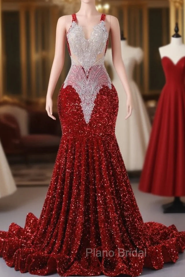 Burgundy Sequins Mermaid Lace Formal Prom Dresses