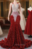 Burgundy Sequins Mermaid Lace Formal Prom Dresses