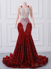 Burgundy Sequins Mermaid Lace Prom Dress
