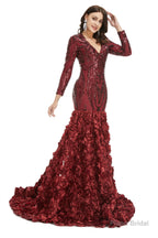 Sequins Mermaid Long V Neck Prom Dresses Full Sleeve