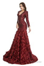 Sequins Mermaid Long V Neck Prom Dresses Full Sleeve