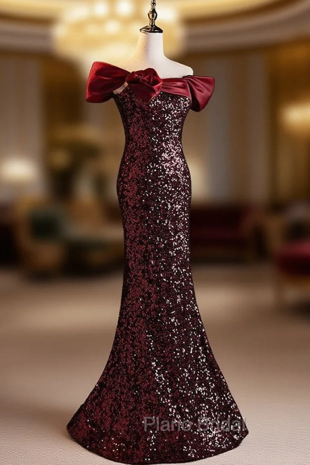 Burgundy Sequins Mermaid Off the Shoulder Formal Prom Dresses Main image