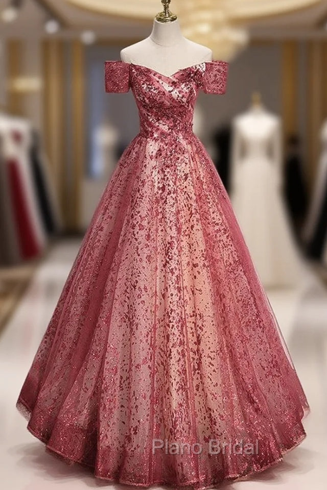 Burgundy Sequins Off the Shoulder Formal Prom Dresses Main image