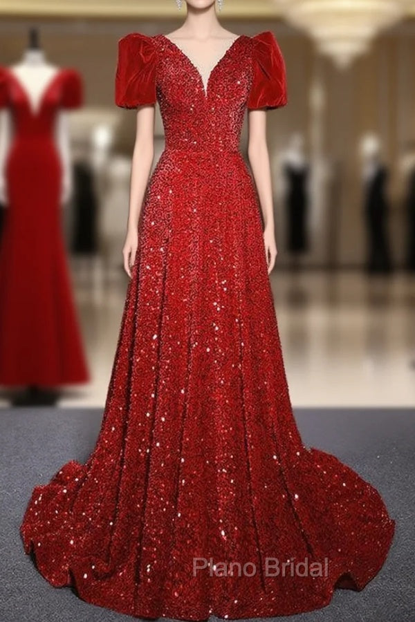 Burgundy Sequins Puff Sleeve Formal Prom Dresses With Bow Main image