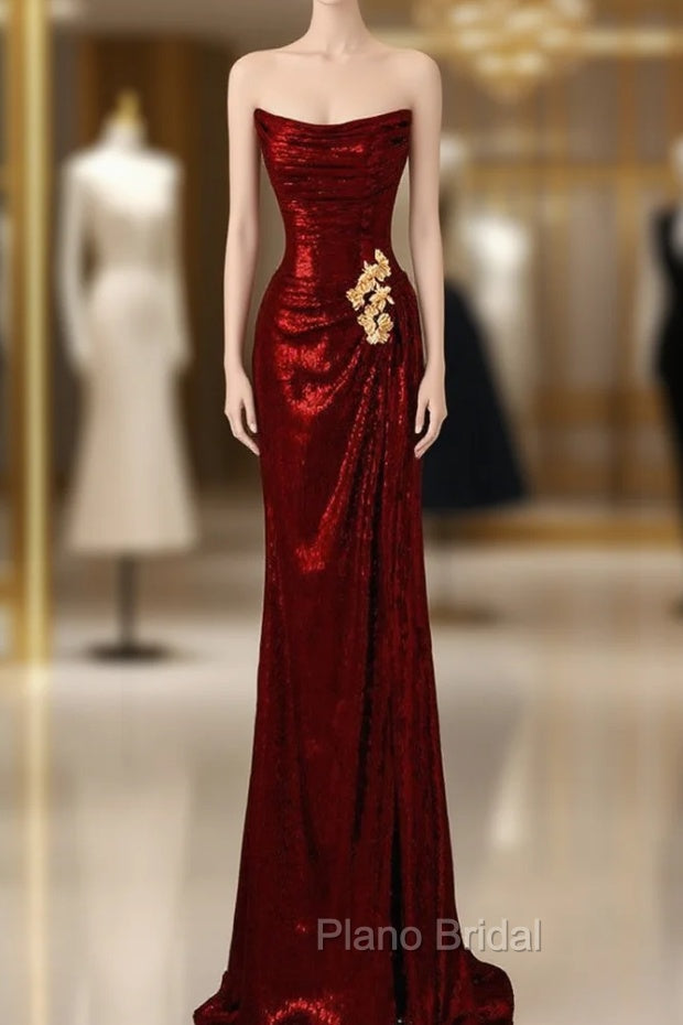 Burgundy Sequins Strapless Pleats Formal Prom Dresses