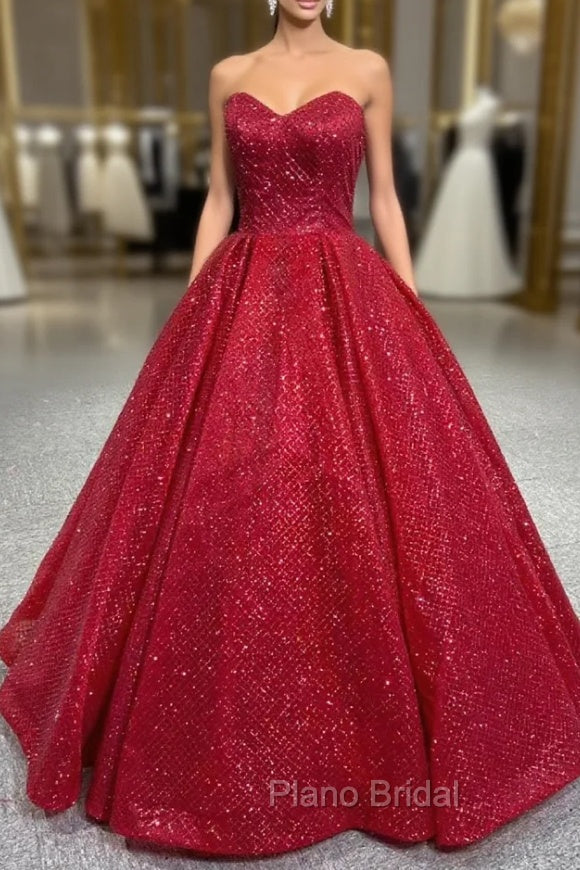 Burgundy Sequins Strapless Formal Prom Dresses