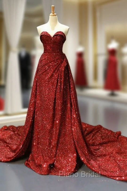 Burgundy Sequins Sweetheart Pleats Formal Prom Dresses With Long Train Main image