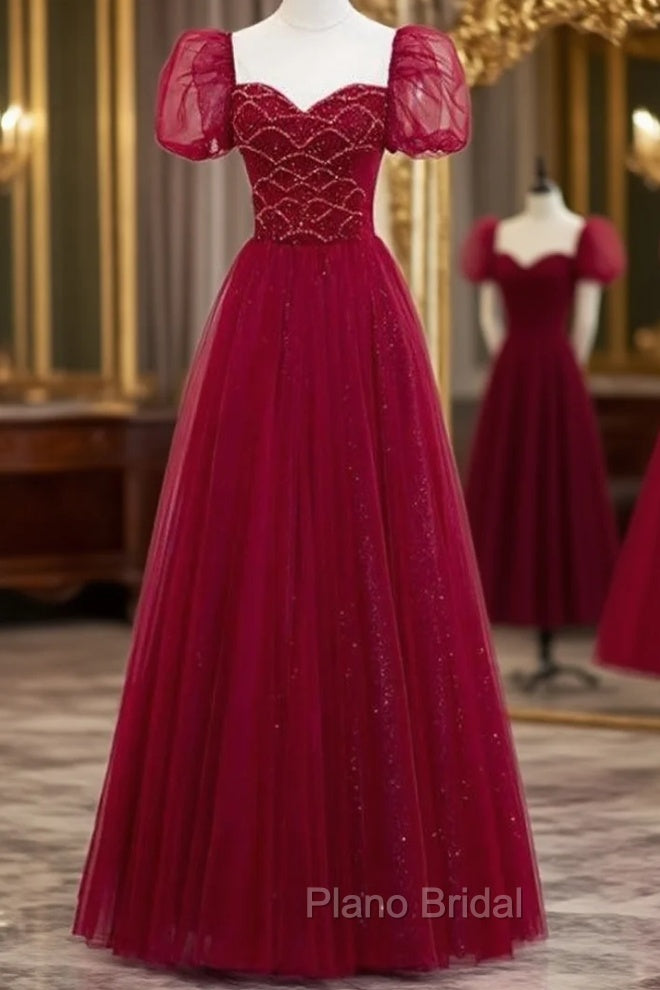 Burgundy Sequins Tulle Puff Sleeve Beading Formal Prom Dresses Main image