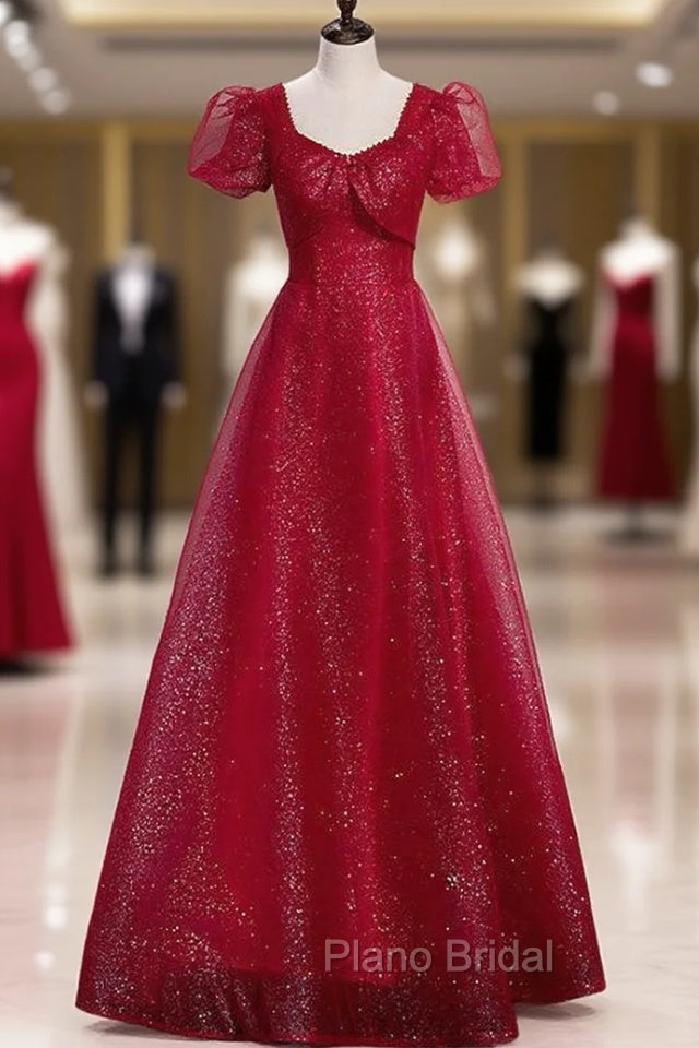 Burgundy Sequins Tulle Square Short Sleeve Formal Prom Dresses