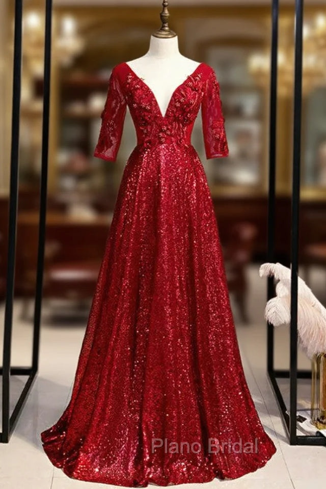 Burgundy Sequins V-neck Short Sleeve Appliques Formal Prom Dresses Main image