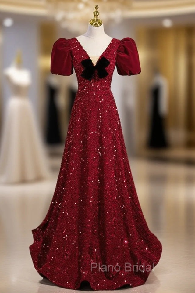 Burgundy Sequins V-neck Short Sleeve Formal Prom Dresses Main image