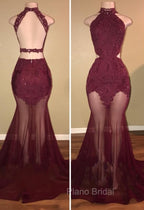 Burgundy Sheer-Tulle Lace-Appliques High-Neck Mermaid Formal Prom Dresses
