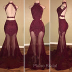 Burgundy Sheer-Tulle Lace-Appliques High-Neck Mermaid Formal Prom Dresses