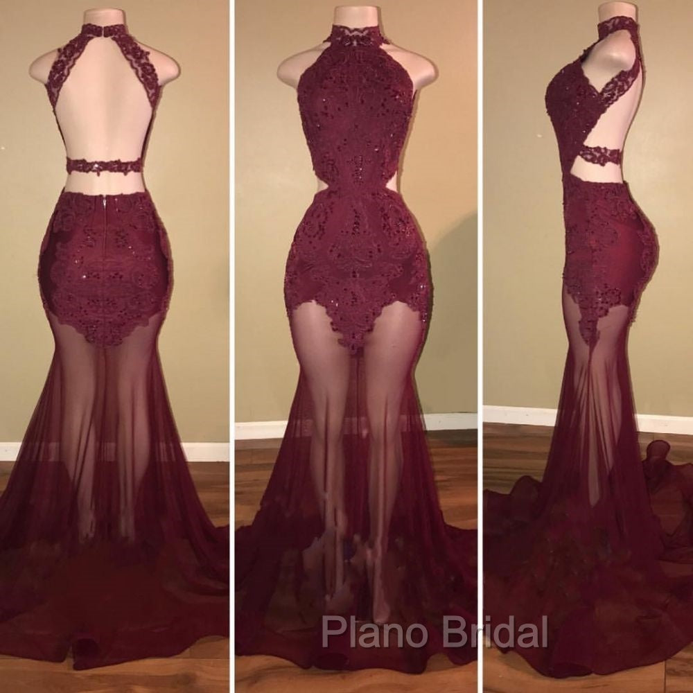 Burgundy Sheer-Tulle Lace-Appliques High-Neck Mermaid Formal Prom Dresses
