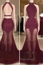 Burgundy Sheer-Tulle Lace-Appliques High-Neck Mermaid Formal Prom Dresses