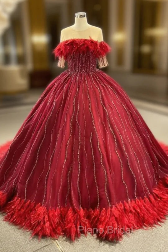 Burgundy Short Sleeve Beading Feather Formal Prom Dresses