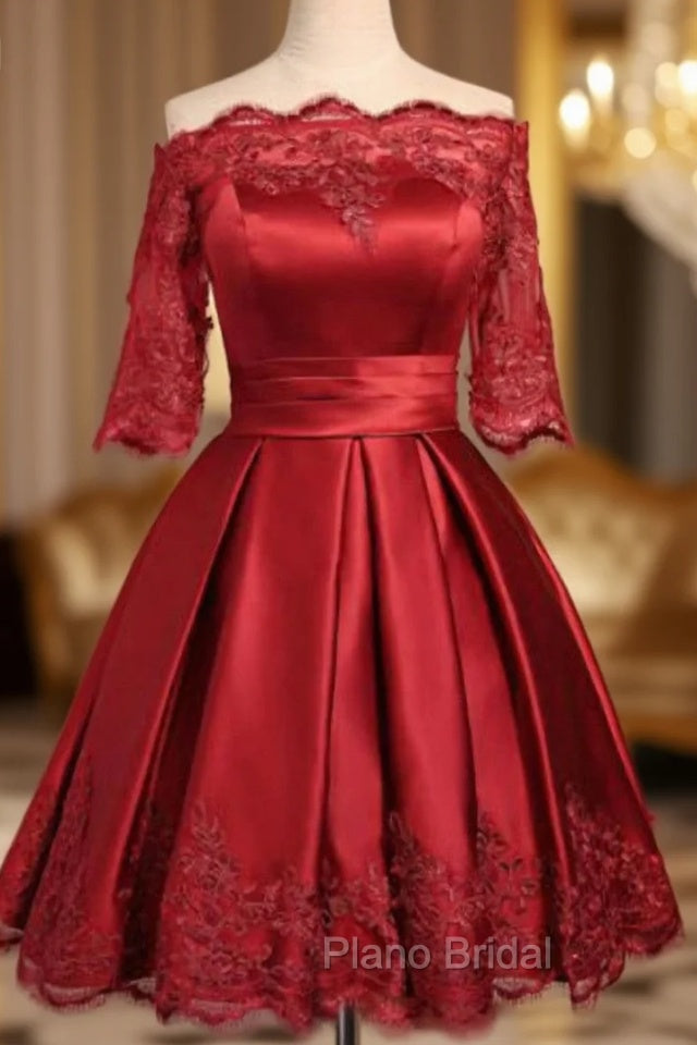 Burgundy Short Sleeve Off The Shoulder Satin Dresses Main image