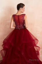 Burgundy Sleeveless Aline Puffy Tulle Prom Dresses with Sequins