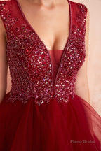 Burgundy Sleeveless Aline Puffy Tulle Prom Dresses with Sequins