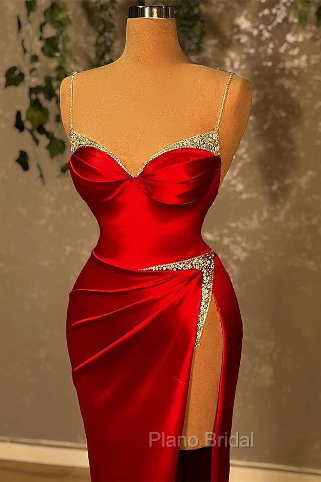 Burgundy Spaghetti-Straps Mermaid Evening Dresses Sleeveless With Slit Beads Secondary image