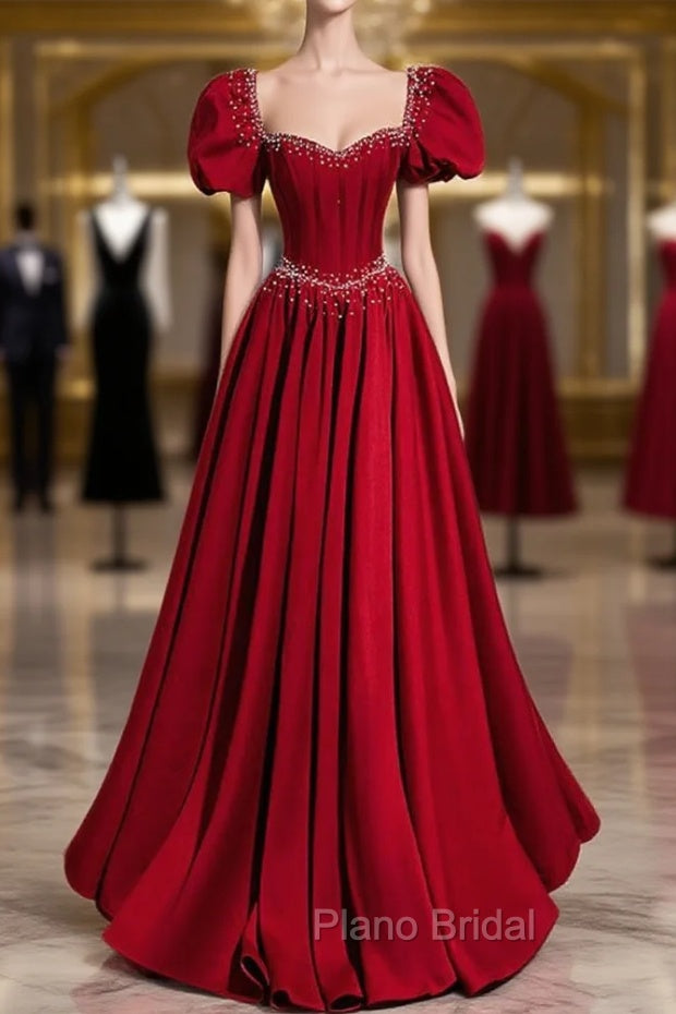 Burgundy Square Puff Sleeve Pearls Formal Prom Dresses Main image