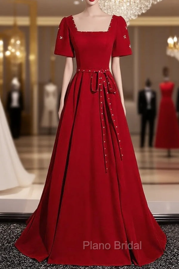 Burgundy Square Short Sleeve Pearls Formal Prom Dresses